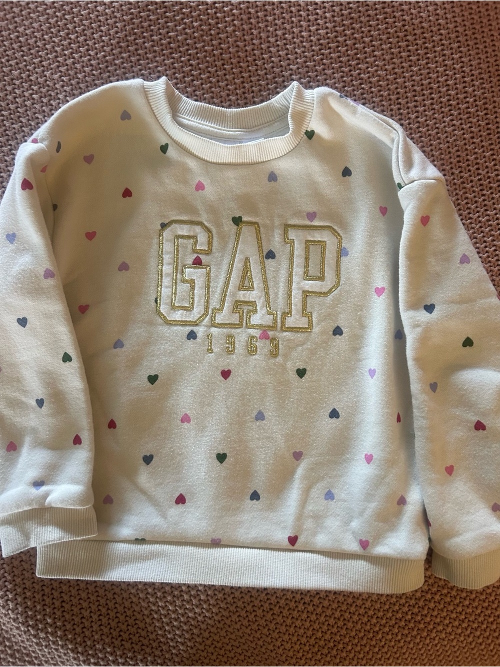 GAP Kids Girls Sweatshirt 4T Cream Multicolor Hearts Gold Logo Pullover